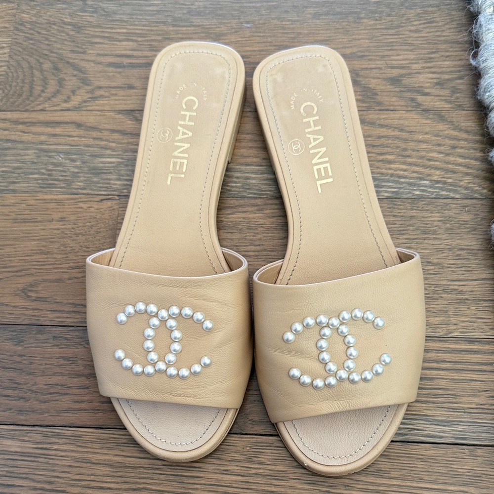 Chanel Tan Sandals with Pearl Accents